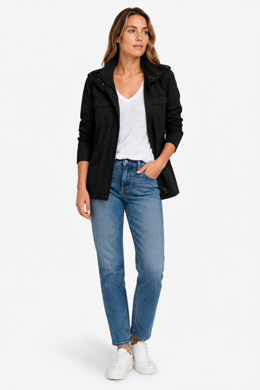 NOMU | Women's Mid Season Coat – Utility Pocket Zip and Snap Button Design