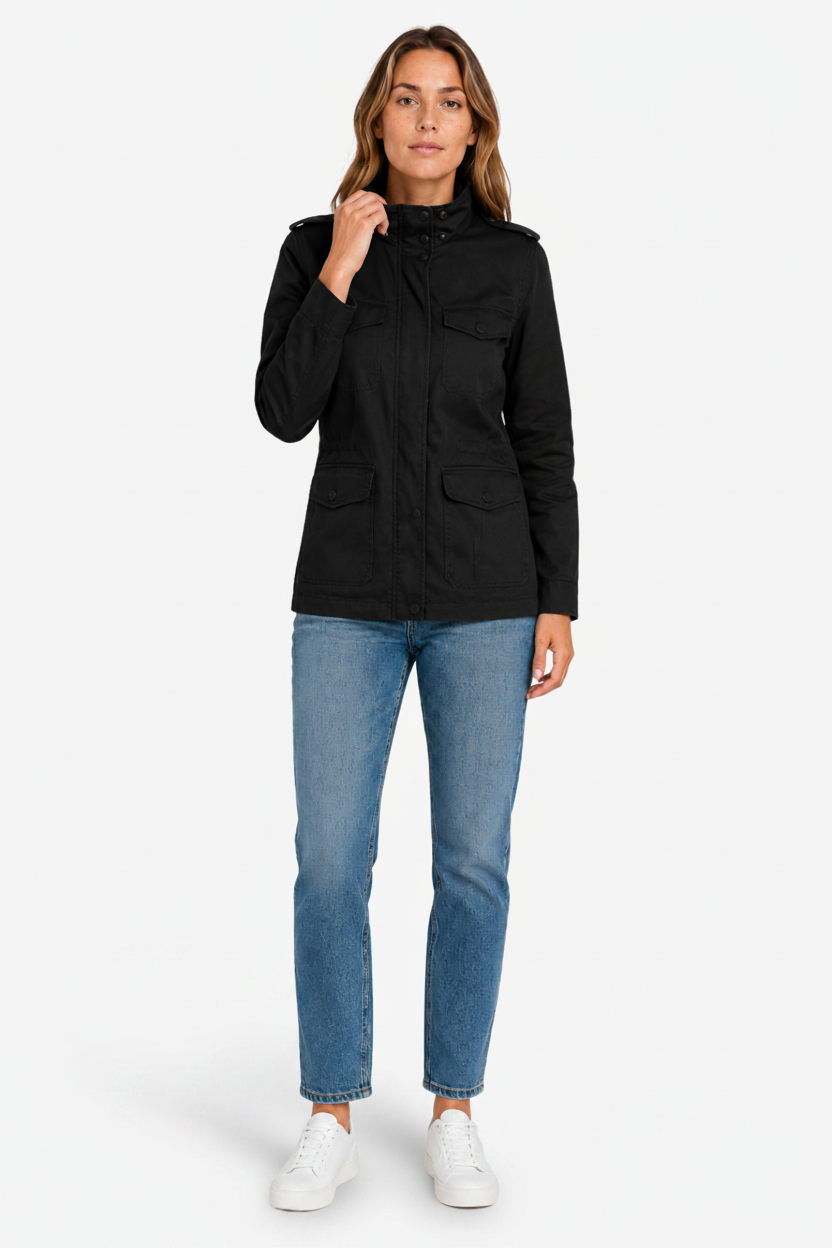 NOMU | Women's Mid Season Coat – Utility Pocket Zip and Snap Button Design