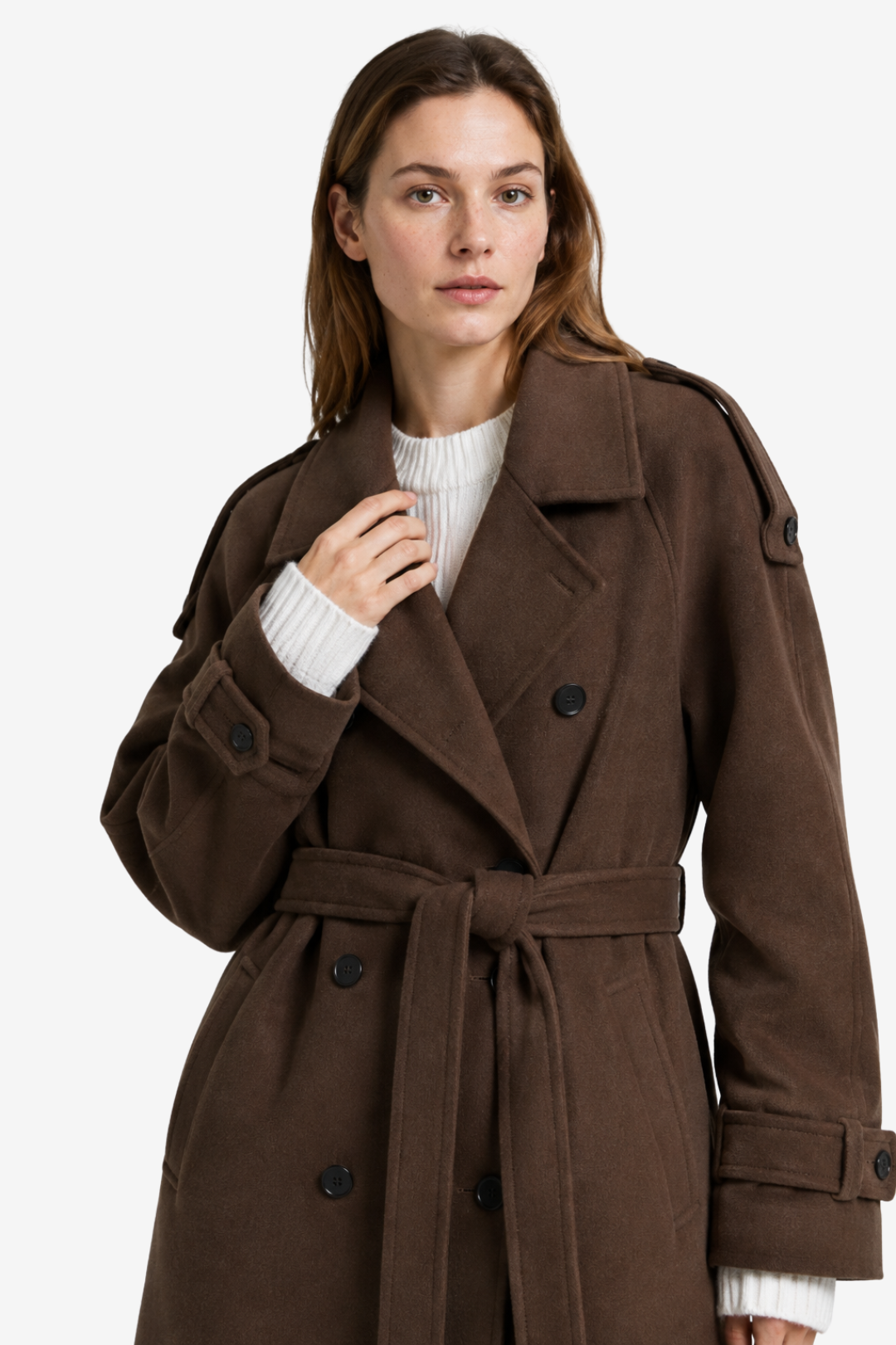NOMU | Women's Winter Trench Coat – Double-Breasted Belted Longline Design