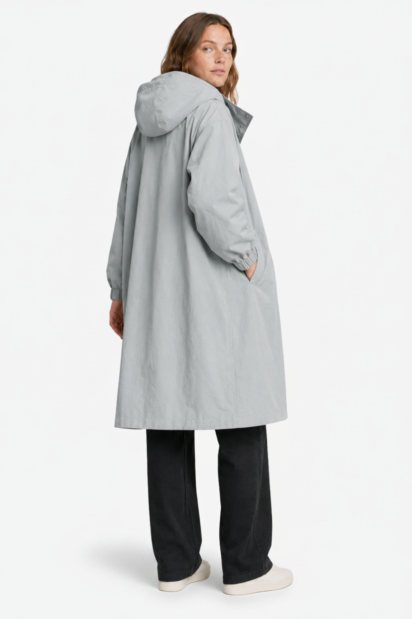 NOMU | Women's Hooded Raincoat – Longline Button Front Relaxed Design