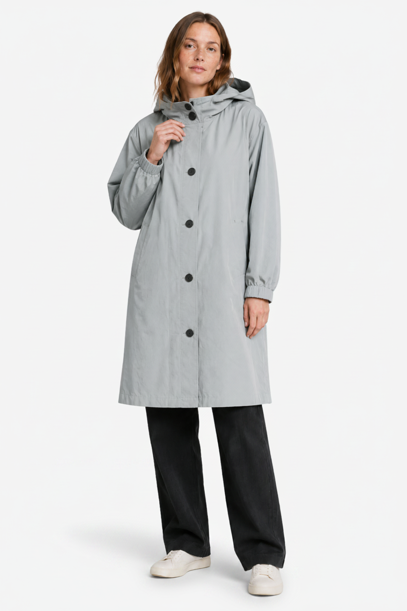 NOMU | Women's Hooded Raincoat – Longline Button Front Relaxed Design
