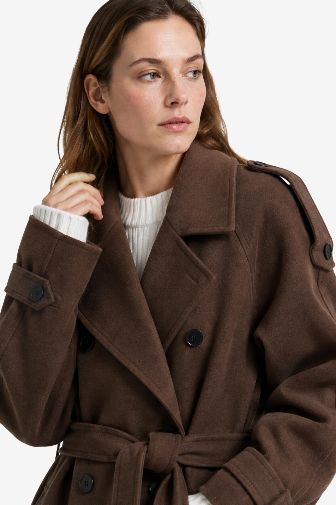NOMU | Women's Winter Trench Coat – Double-Breasted Belted Longline Design