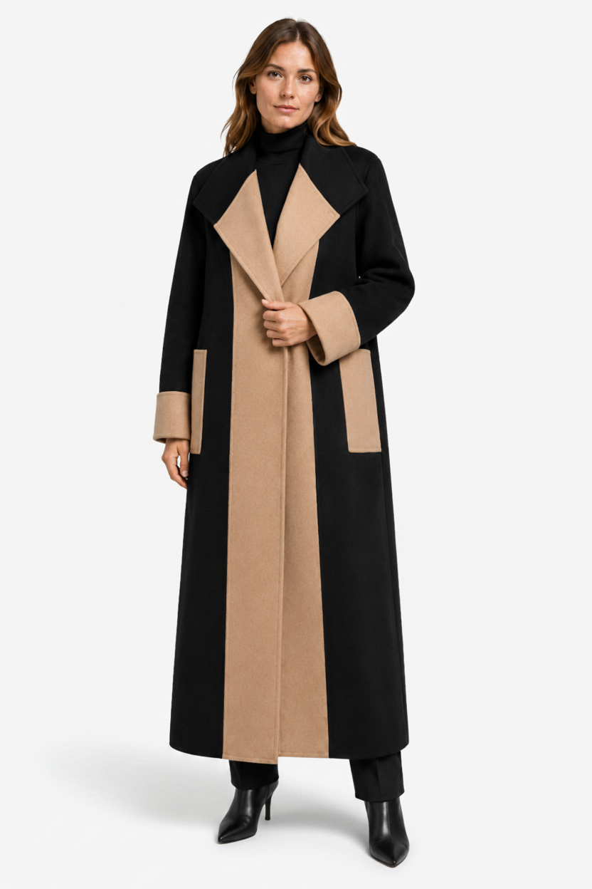 NOMU | Women's Straight-Cut Coat – Contrast Panel Longline Design