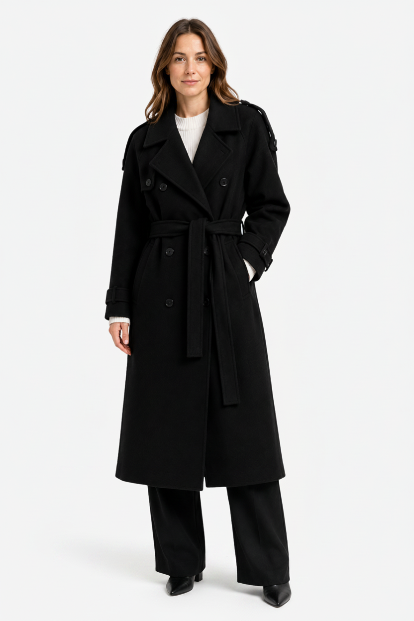 NOMU | Women's Winter Trench Coat – Double-Breasted Belted Longline Design