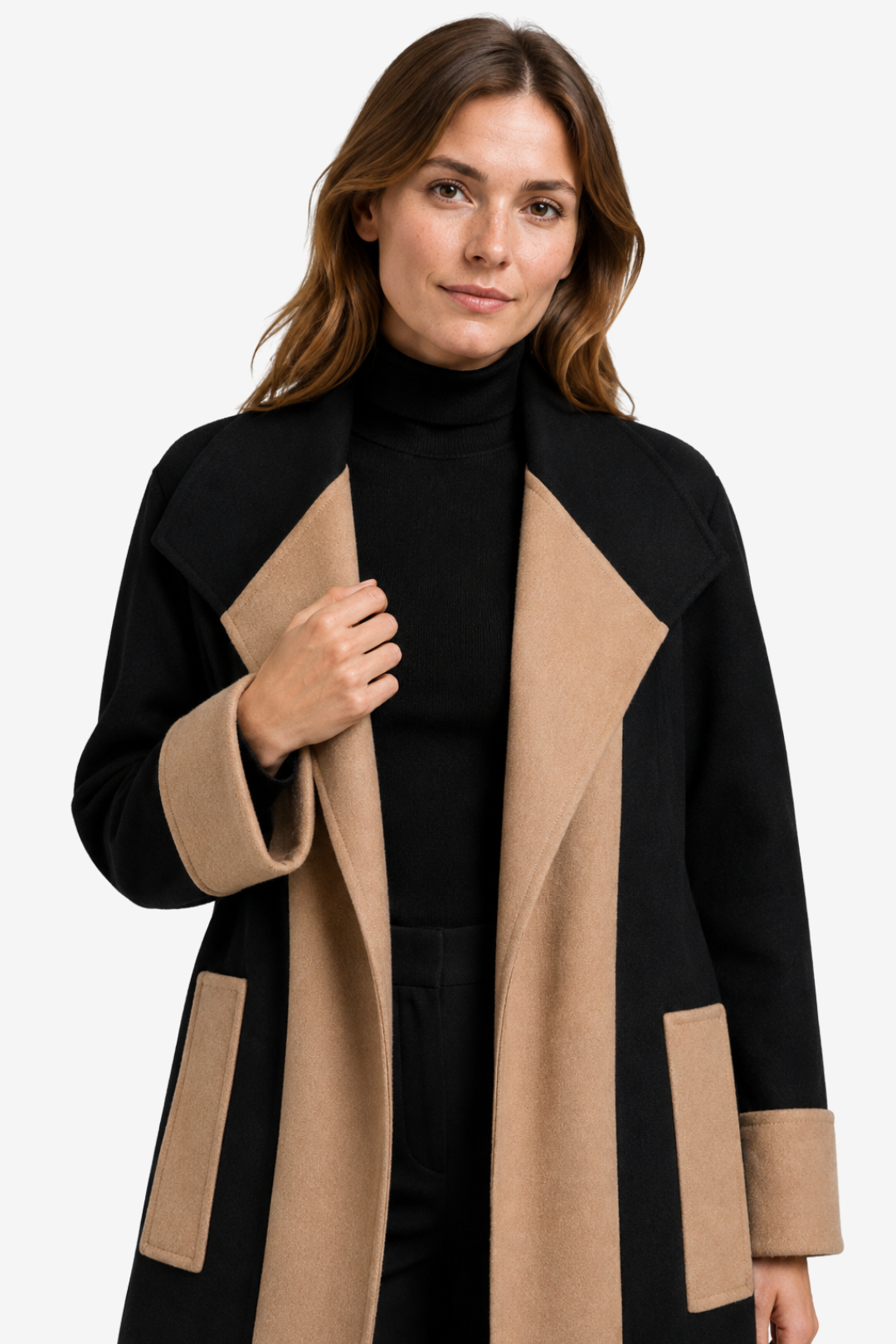 NOMU | Women's Straight-Cut Coat – Contrast Panel Longline Design