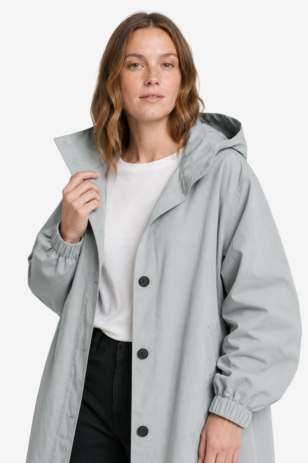 NOMU | Women's Hooded Raincoat – Longline Button Front Relaxed Design