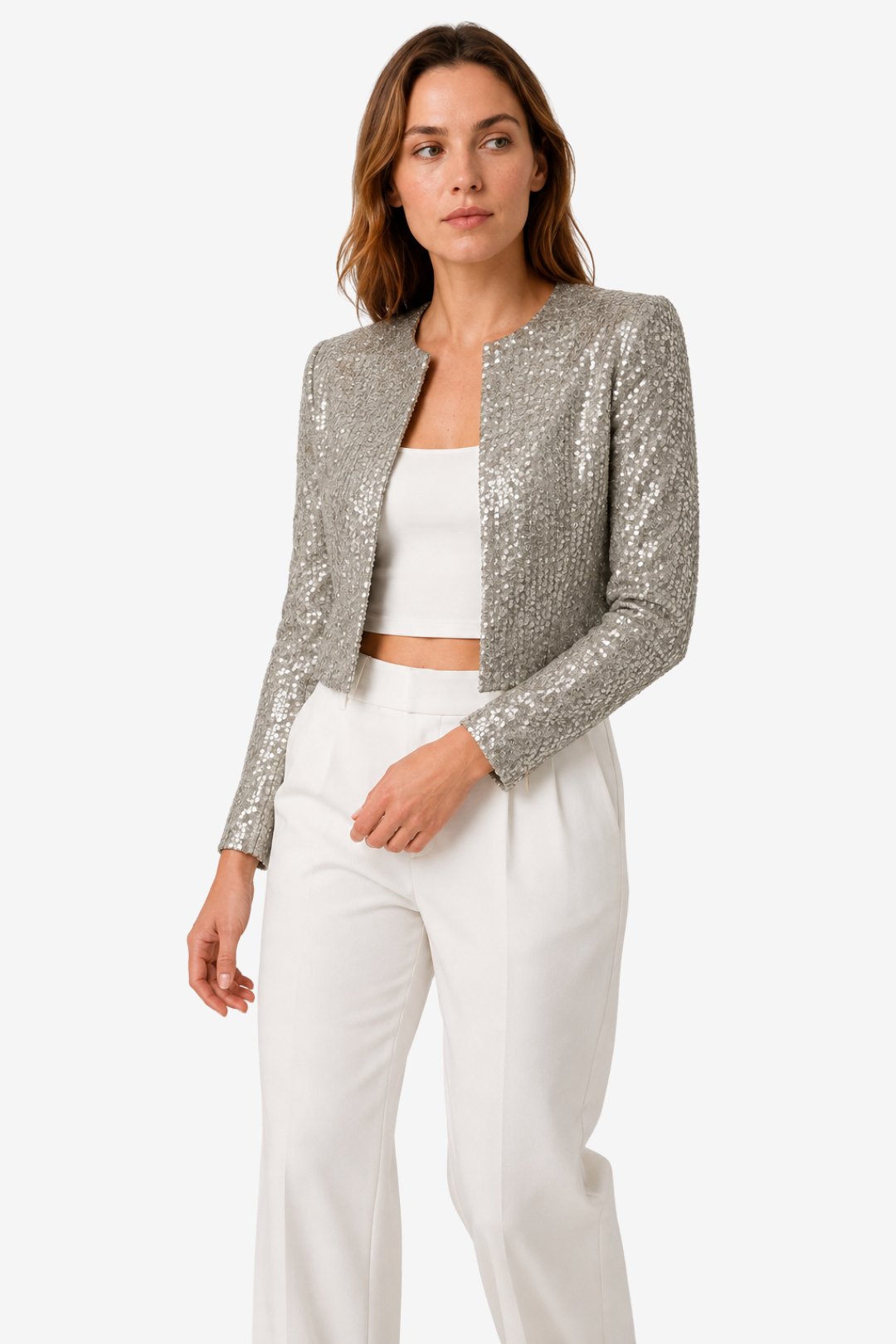 NOMU | Women's Sequin Jacket – Cropped Open Front Long Sleeve Design
