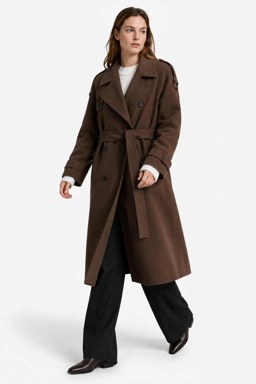 NOMU | Women's Winter Trench Coat – Double-Breasted Belted Longline Design