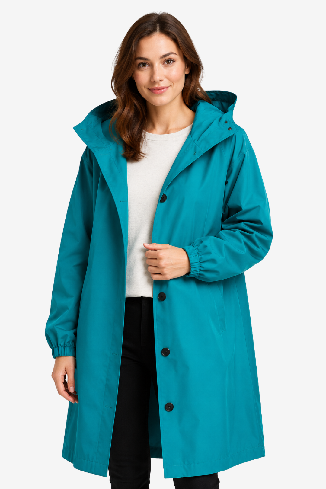 NOMU | Women's Hooded Raincoat – Longline Button Front Relaxed Design