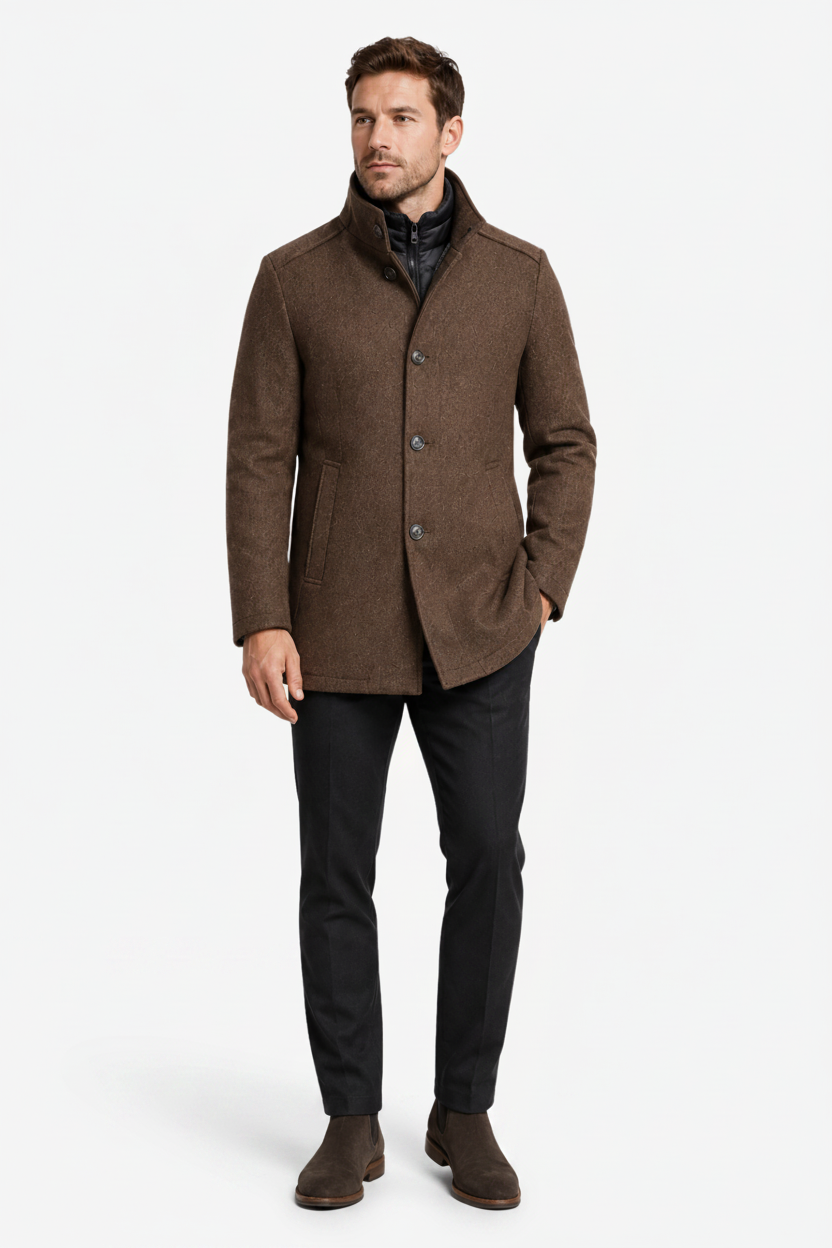 NOMU | Men's Button-Up Winter Jacket – Stand Collar Layered Front Design