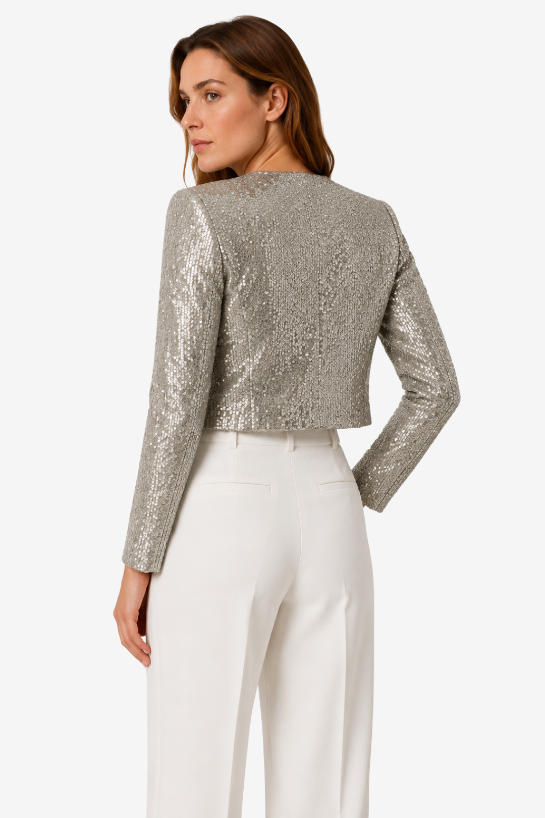 NOMU | Women's Sequin Jacket – Cropped Open Front Long Sleeve Design