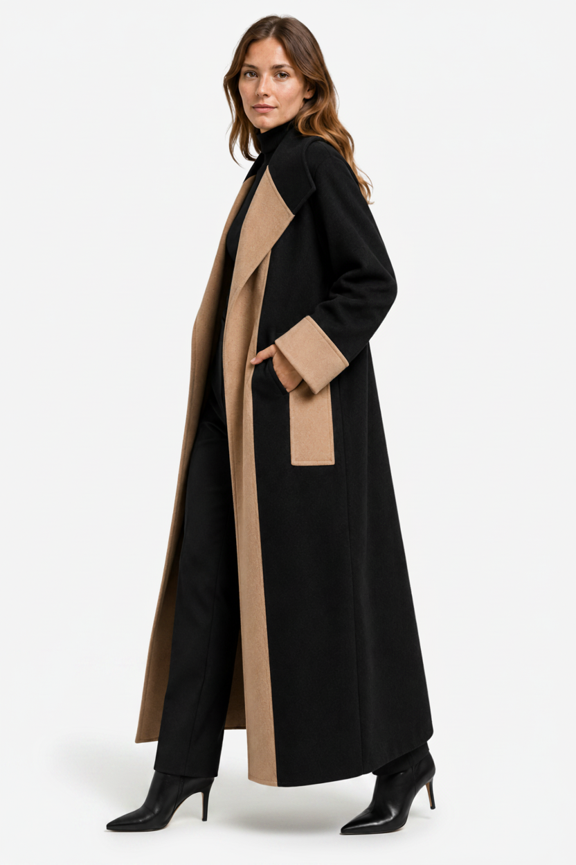 NOMU | Women's Straight-Cut Coat – Contrast Panel Longline Design