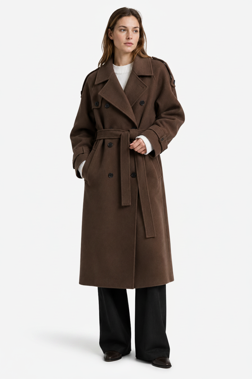 NOMU | Women's Winter Trench Coat – Double-Breasted Belted Longline Design