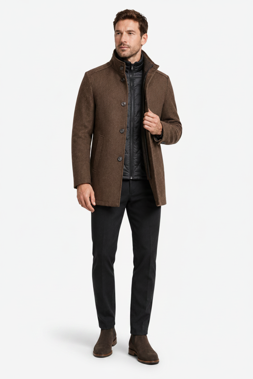 NOMU | Men's Button-Up Winter Jacket – Stand Collar Layered Front Design