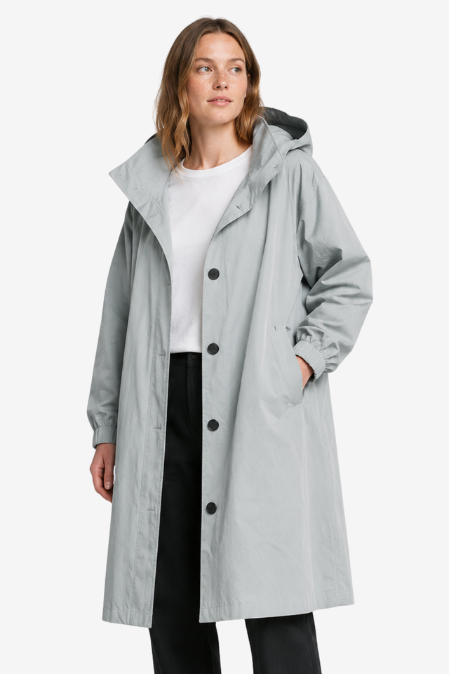 NOMU | Women's Hooded Raincoat – Longline Button Front Relaxed Design