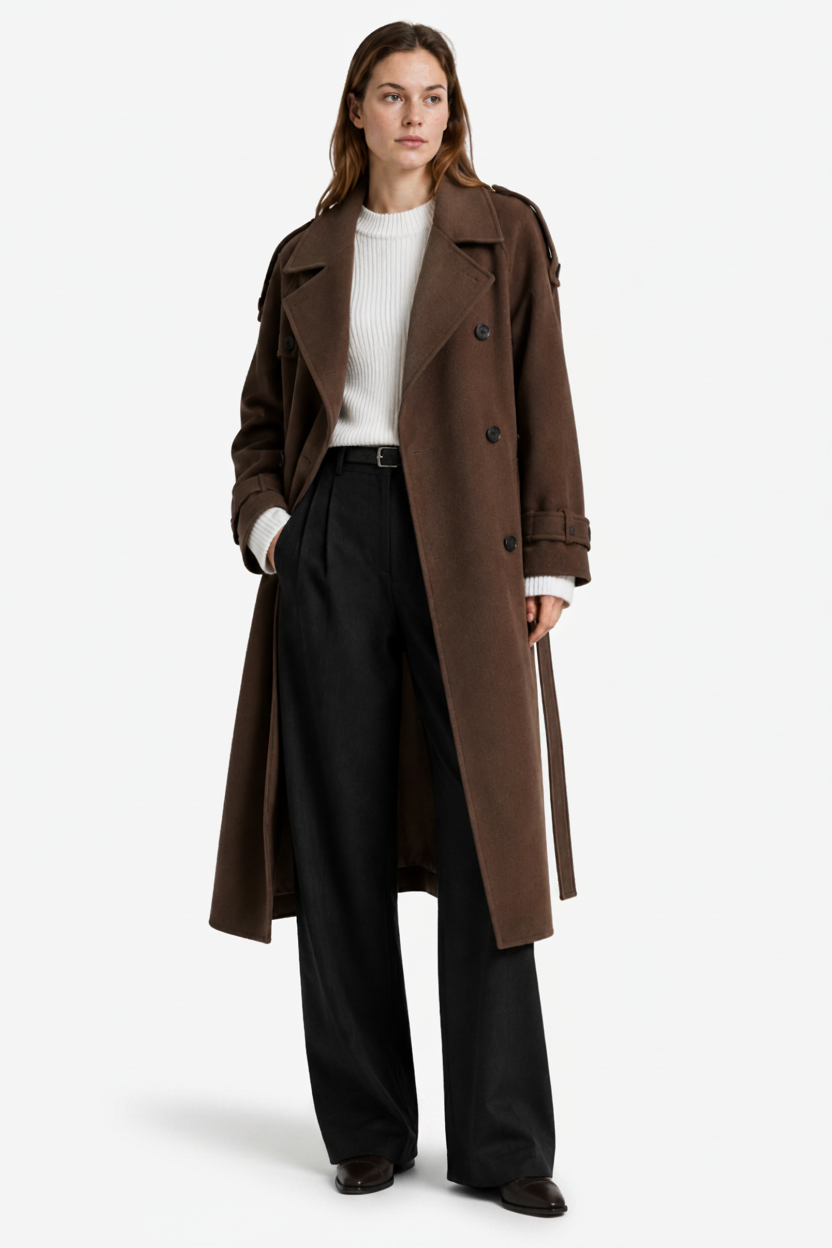 NOMU | Women's Winter Trench Coat – Double-Breasted Belted Longline Design