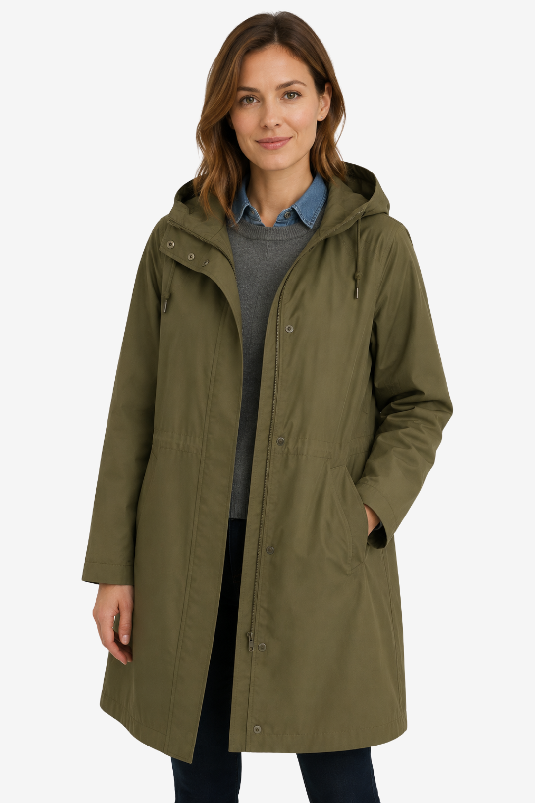NOMU | Women's Hooded Raincoat – Longline Button Front Relaxed Design