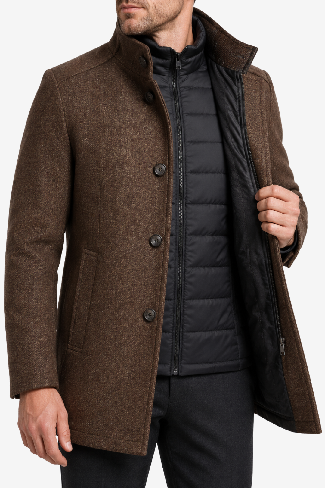 NOMU | Men's Button-Up Winter Jacket – Stand Collar Layered Front Design