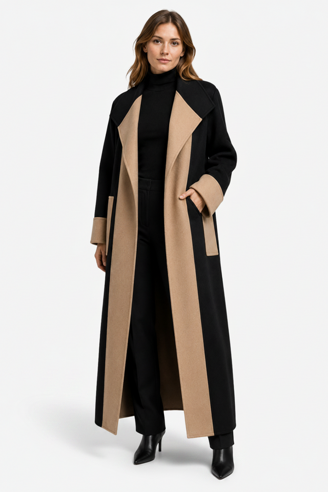 NOMU | Women's Straight-Cut Coat – Contrast Panel Longline Design