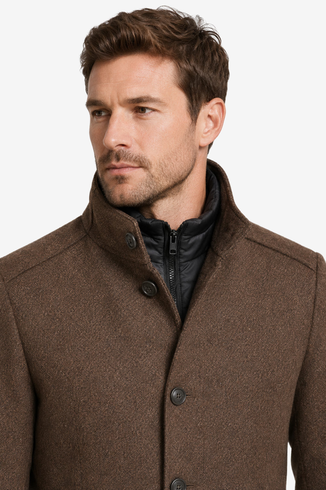 NOMU | Men's Button-Up Winter Jacket – Stand Collar Layered Front Design