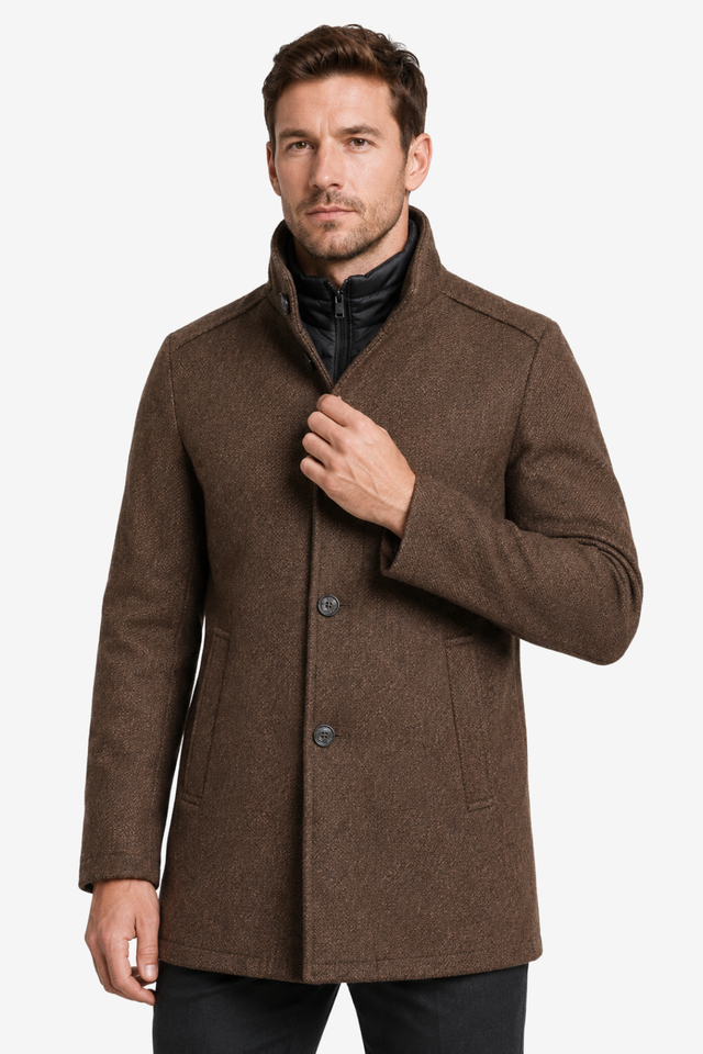 NOMU | Men's Button-Up Winter Jacket – Stand Collar Layered Front Design