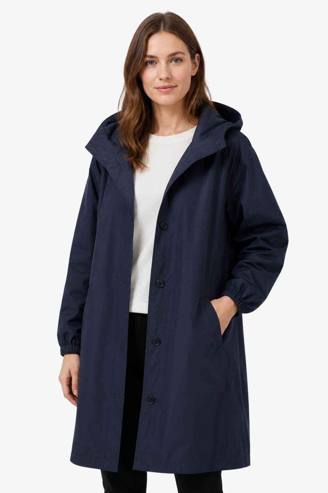 NOMU | Women's Hooded Raincoat – Longline Button Front Relaxed Design