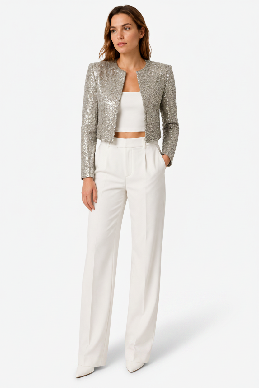 NOMU | Women's Sequin Jacket – Cropped Open Front Long Sleeve Design