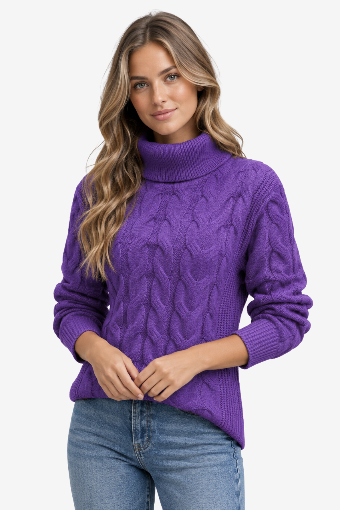 NOMU | Women's Turtleneck Sweater – Cable Knit Ribbed Trim Design