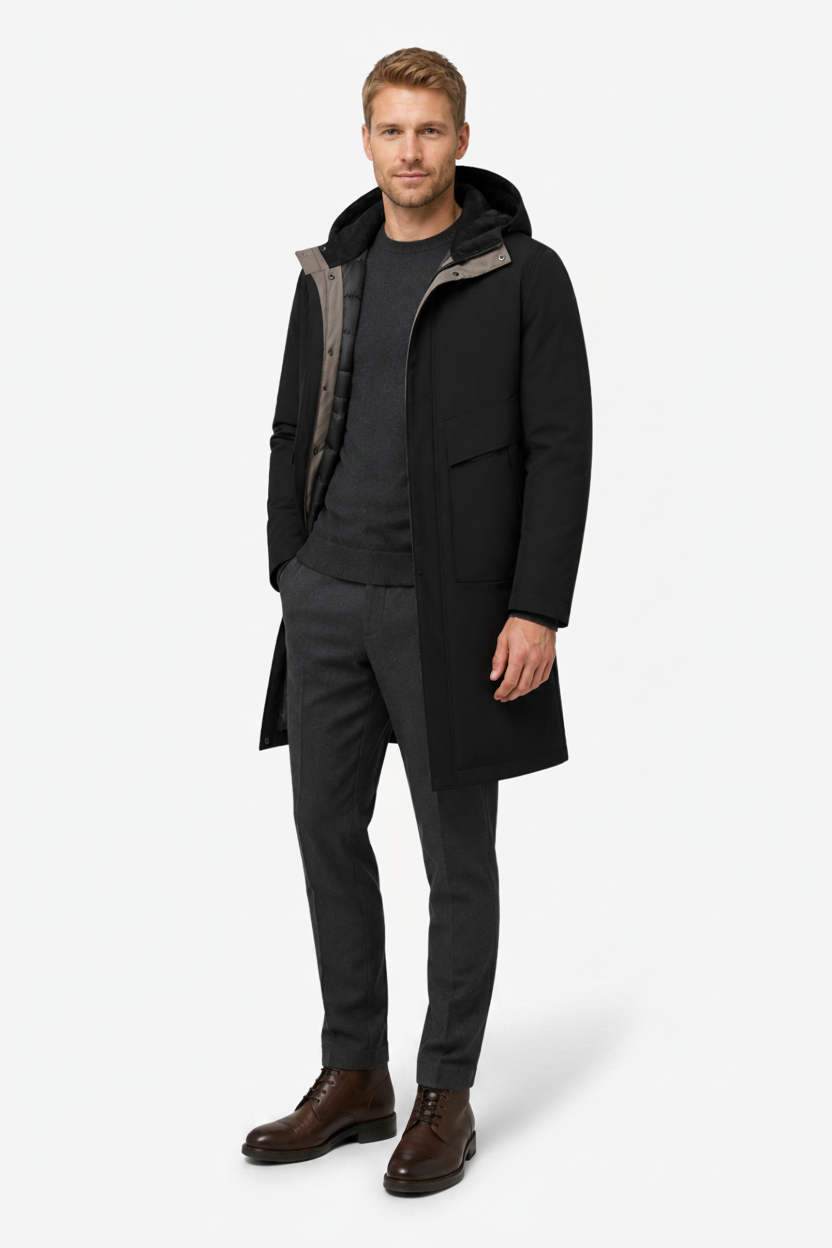 NOMU | Men's Long Quilted Hooded Parka – Full Length Design with Front Pockets