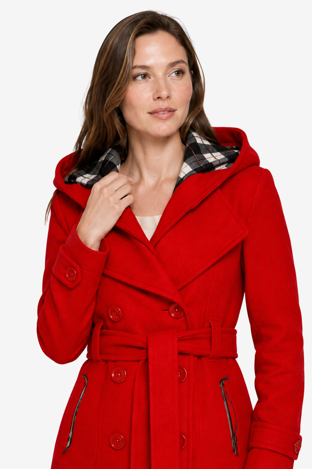 NOMU | Women's Hooded Belted Coat – Double Breasted Longline Design