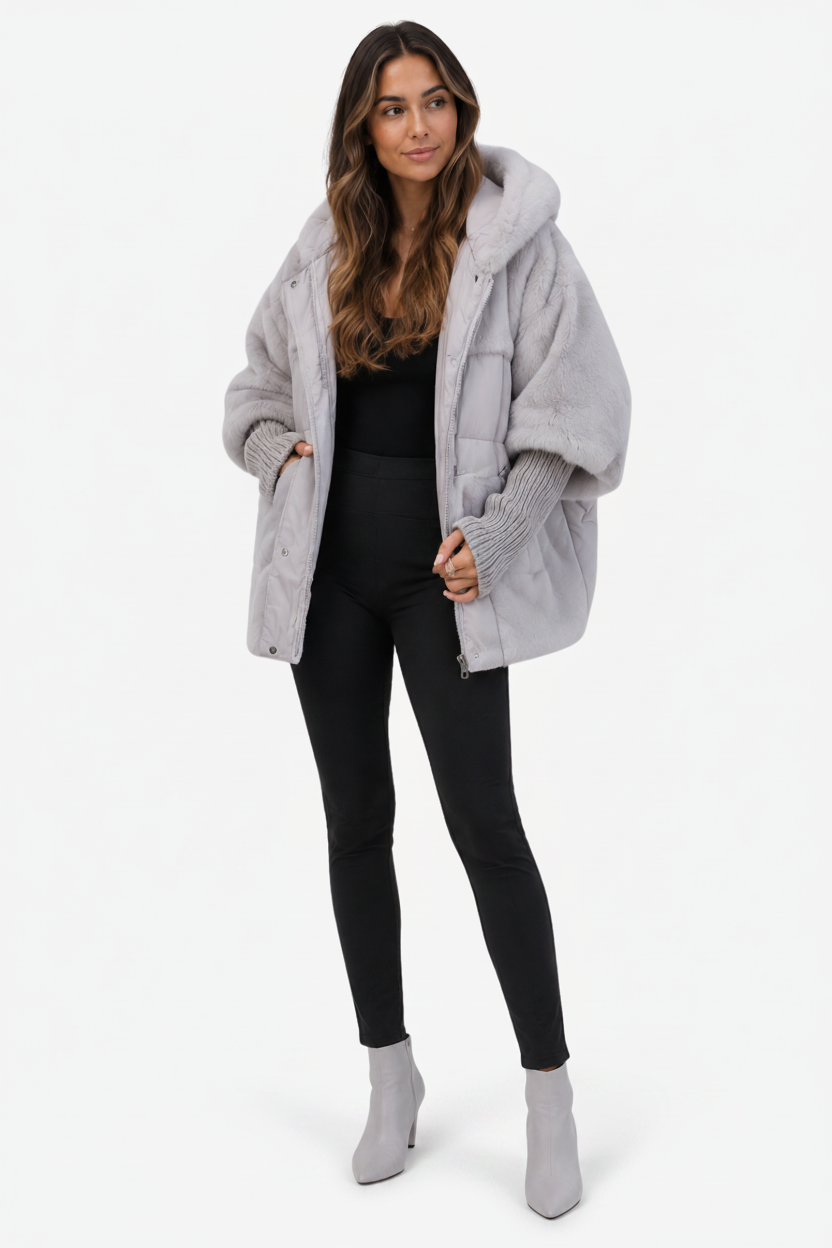 NOMU | Women's Long Quilted Cape – Faux Fur Collar and Ribbed Cuff Winter Design