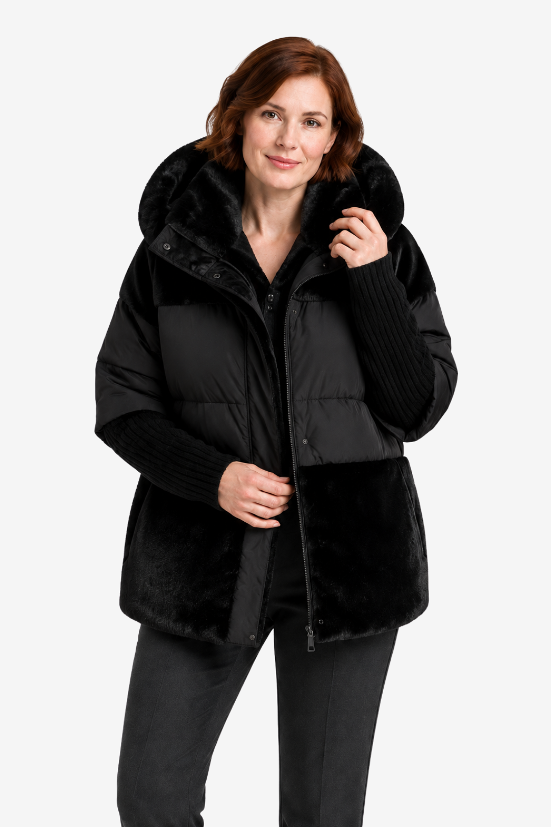 NOMU | Women's Long Quilted Cape – Faux Fur Collar and Ribbed Cuff Winter Design