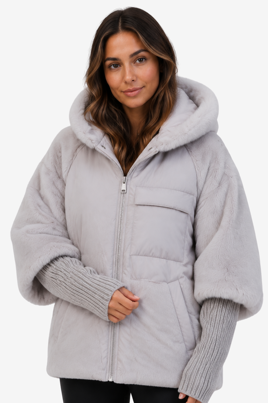 NOMU | Women's Long Quilted Cape – Faux Fur Collar and Ribbed Cuff Winter Design