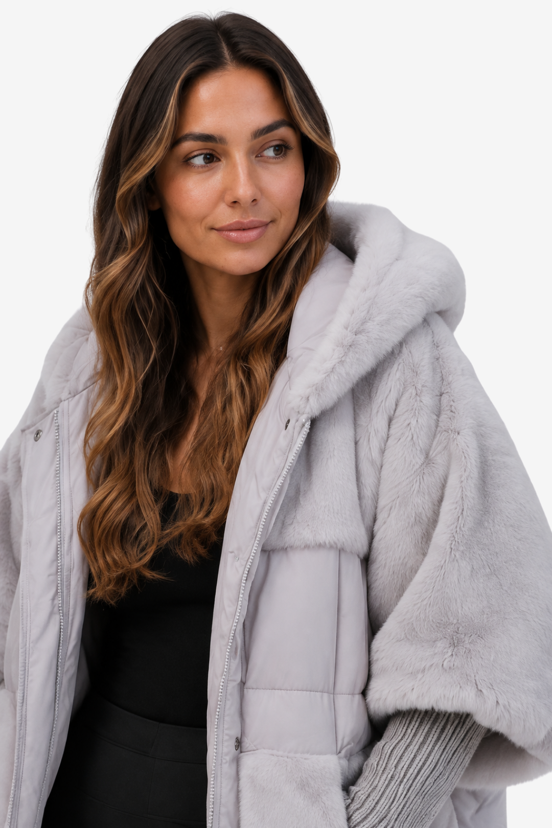 NOMU | Women's Long Quilted Cape – Faux Fur Collar and Ribbed Cuff Winter Design