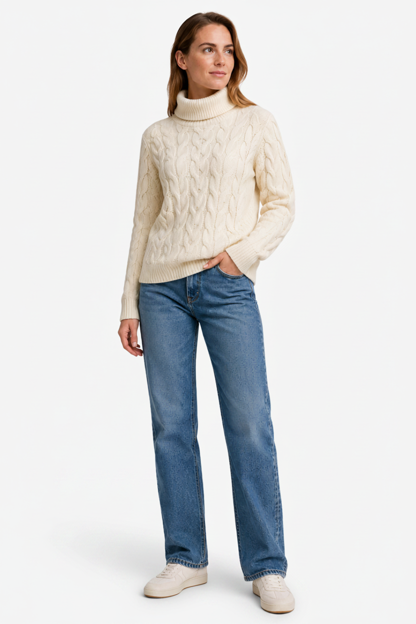 NOMU | Women's Turtleneck Sweater – Cable Knit Ribbed Trim Design
