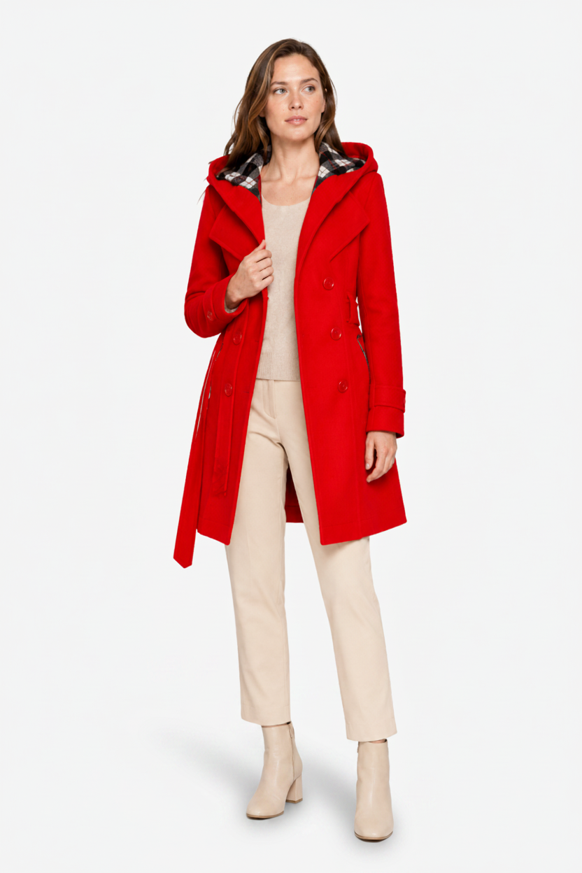 NOMU | Women's Hooded Belted Coat – Double Breasted Longline Design