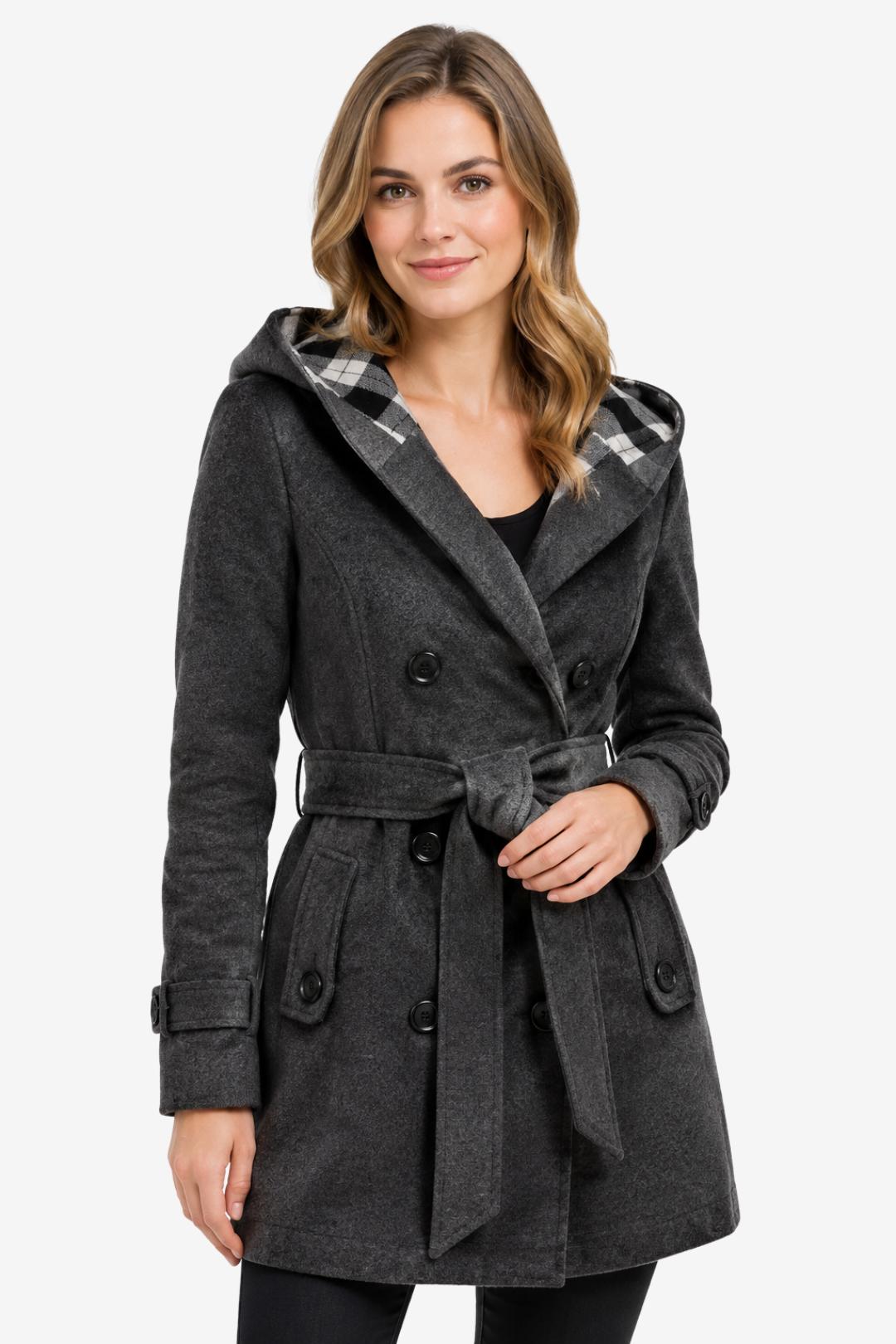NOMU | Women's Hooded Belted Coat – Double Breasted Longline Design