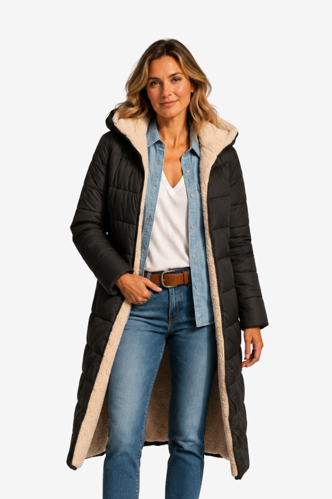 NOMU | Women's Long Winter Coat – Modern-Cut Quilted Hooded Design