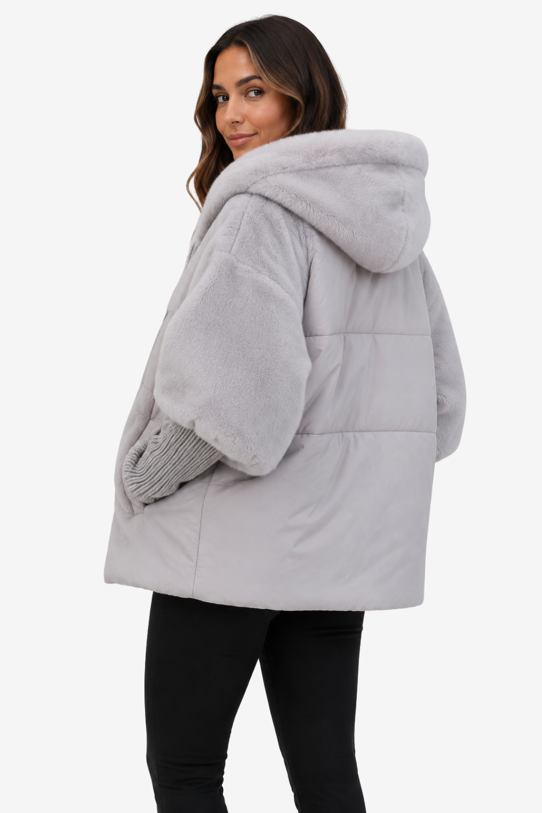 NOMU | Women's Long Quilted Cape – Faux Fur Collar and Ribbed Cuff Winter Design