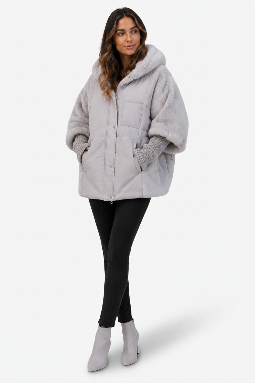 NOMU | Women's Long Quilted Cape – Faux Fur Collar and Ribbed Cuff Winter Design