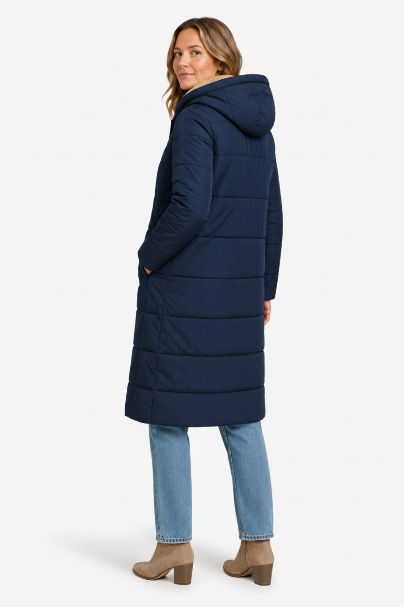 NOMU | Women's Long Winter Coat – Modern-Cut Quilted Hooded Design
