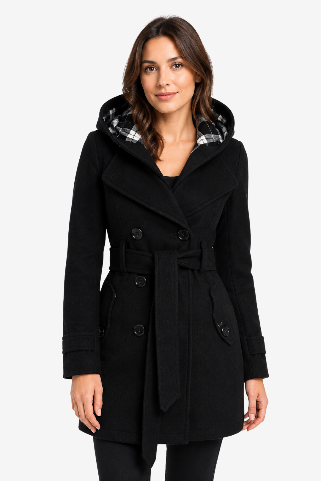 NOMU | Women's Hooded Belted Coat – Double Breasted Longline Design