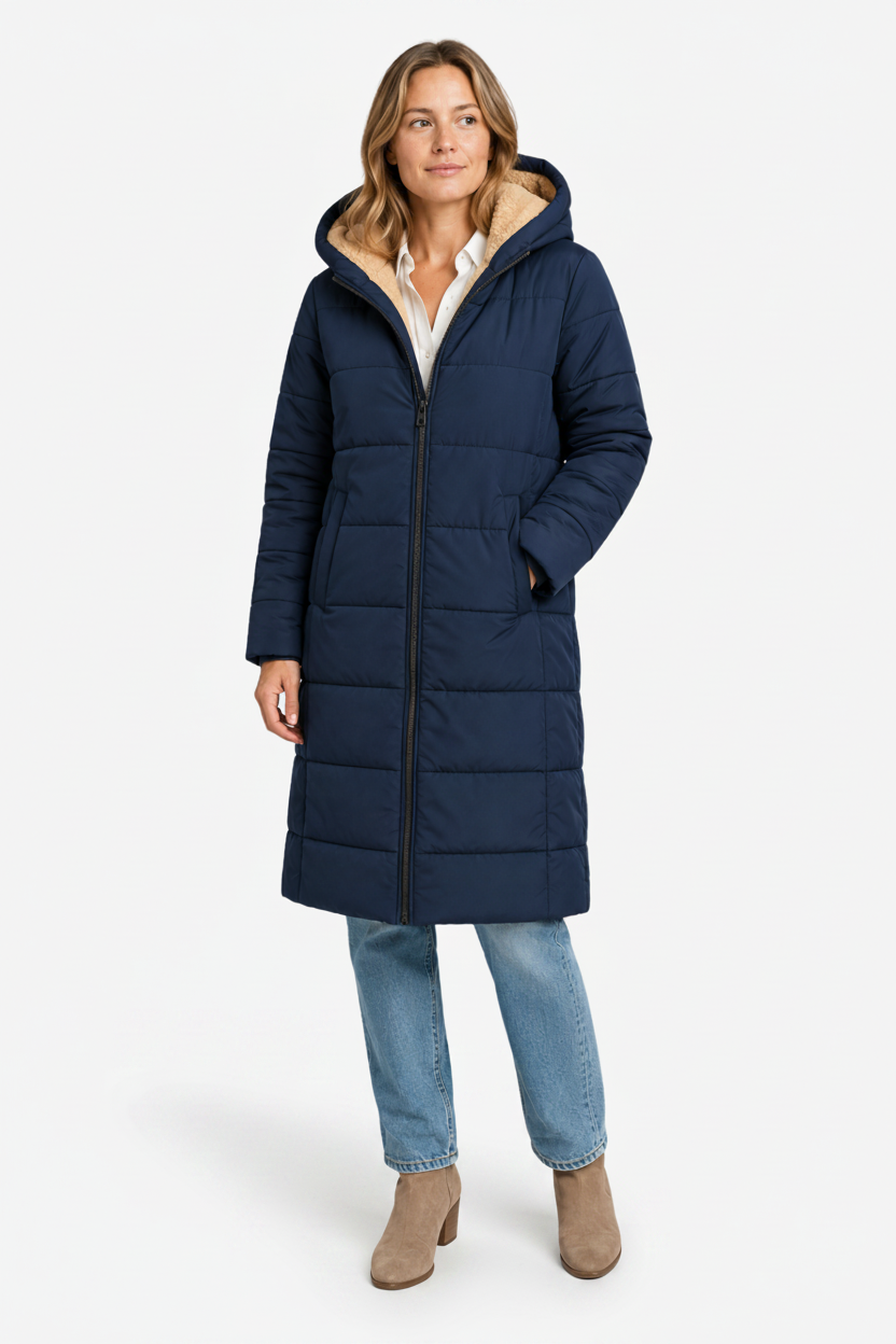 NOMU | Women's Long Winter Coat – Modern-Cut Quilted Hooded Design