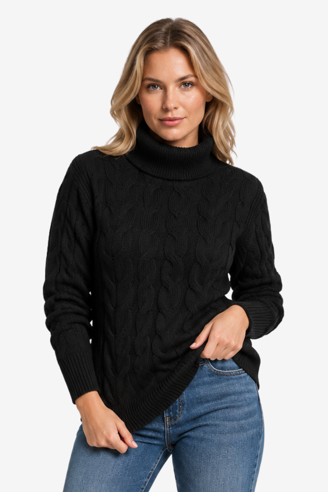 NOMU | Women's Turtleneck Sweater – Cable Knit Ribbed Trim Design