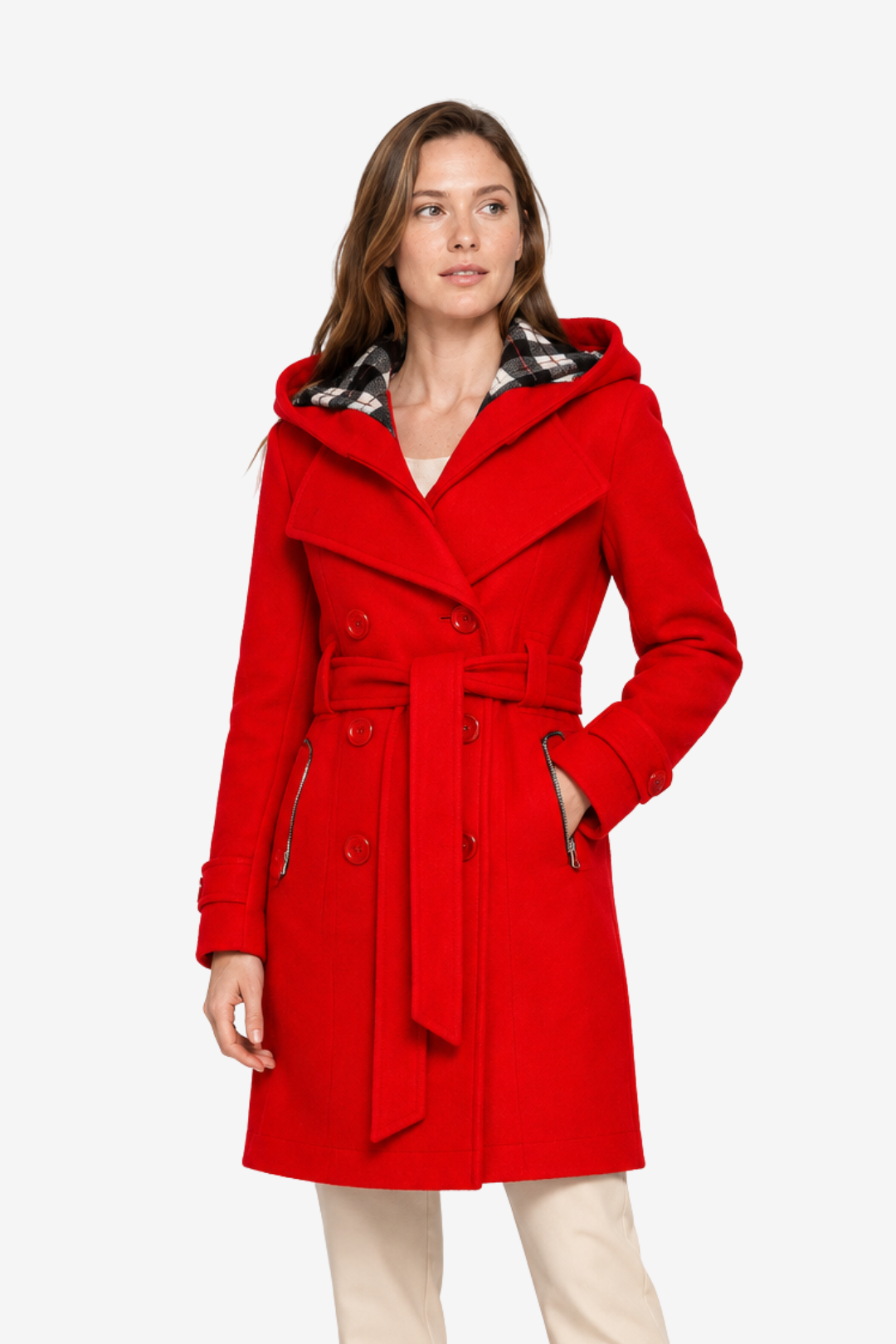 NOMU | Women's Hooded Belted Coat – Double Breasted Longline Design