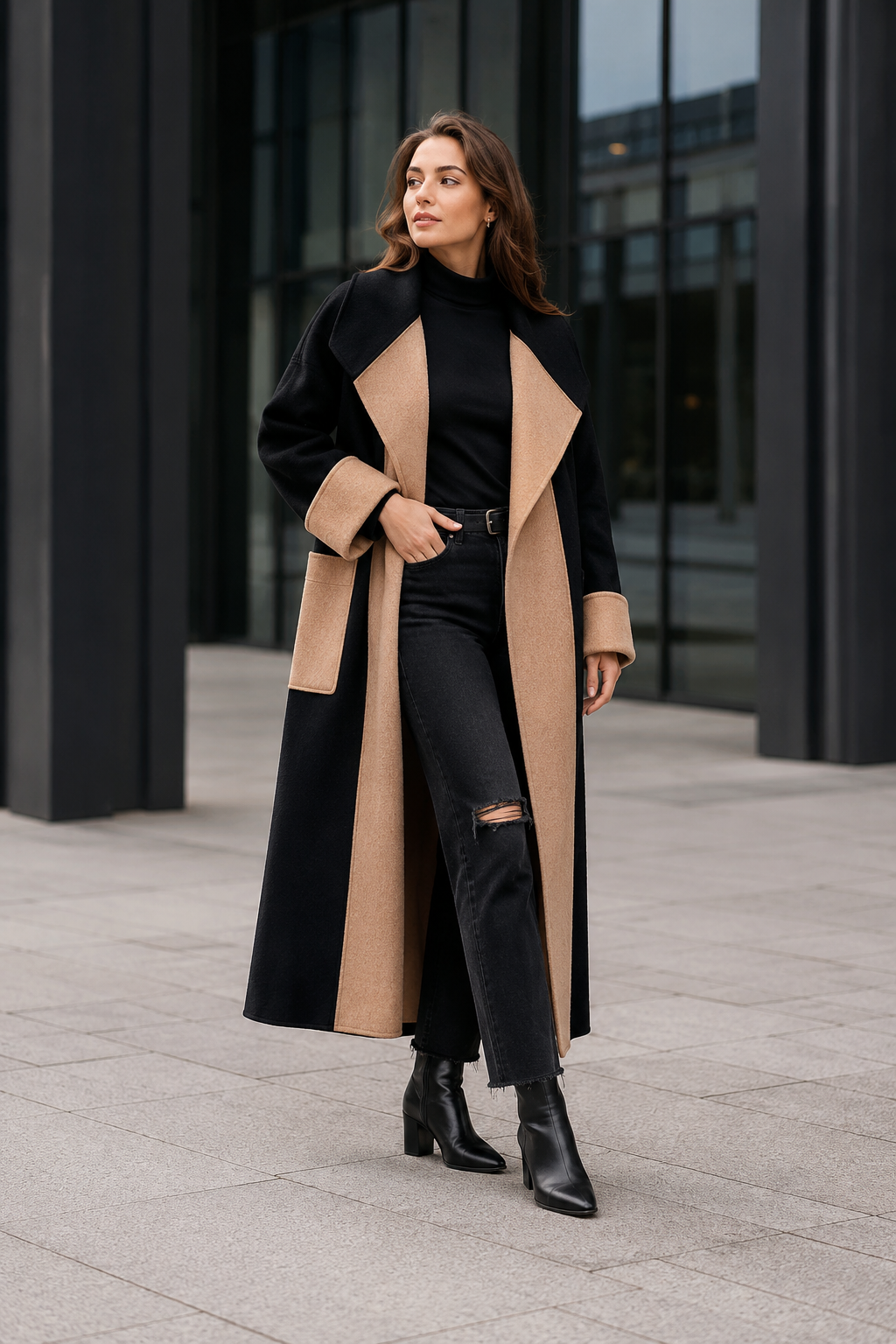NOMU | Women's Straight-Cut Coat – Contrast Panel Longline Design