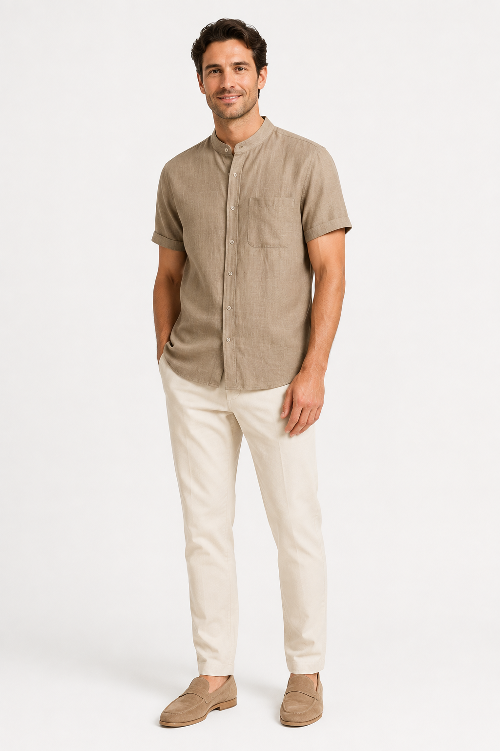 NOMU | Men’s Short Sleeve Mandarin Collar Button Shirt