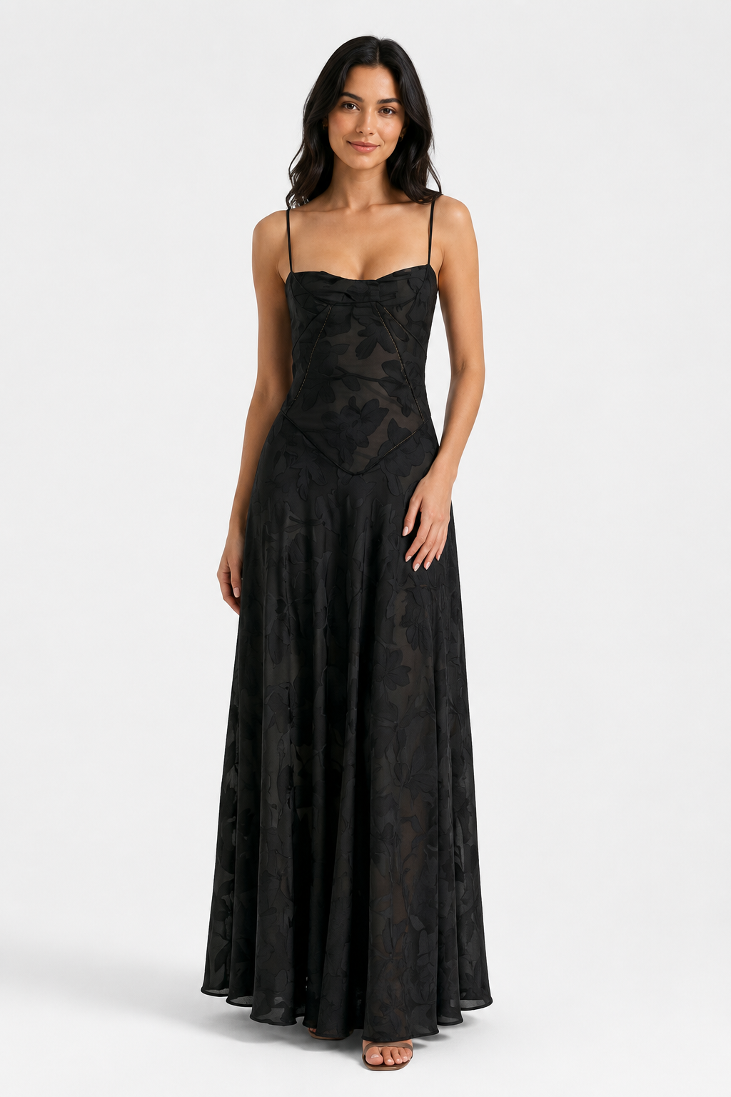 NOMU | Women's Mesh Maxi Dress – Spaghetti Strap Floral Overlay Fitted Design