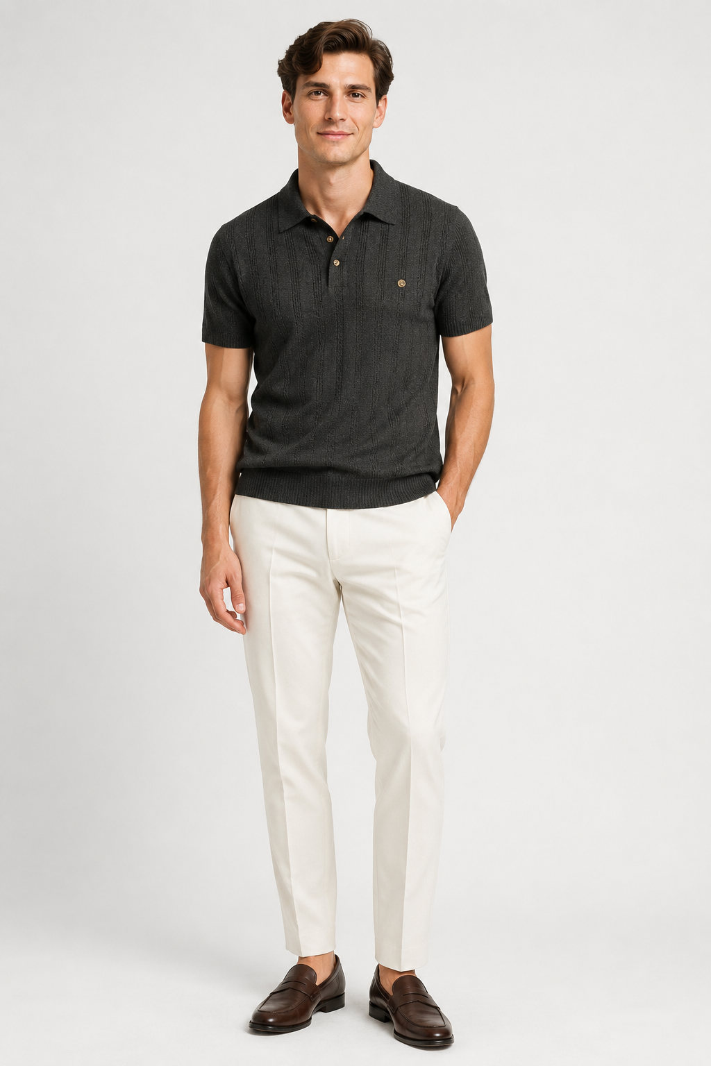 NOMU | Men’s Textured Vertical Stripe Knit Polo Shirt
