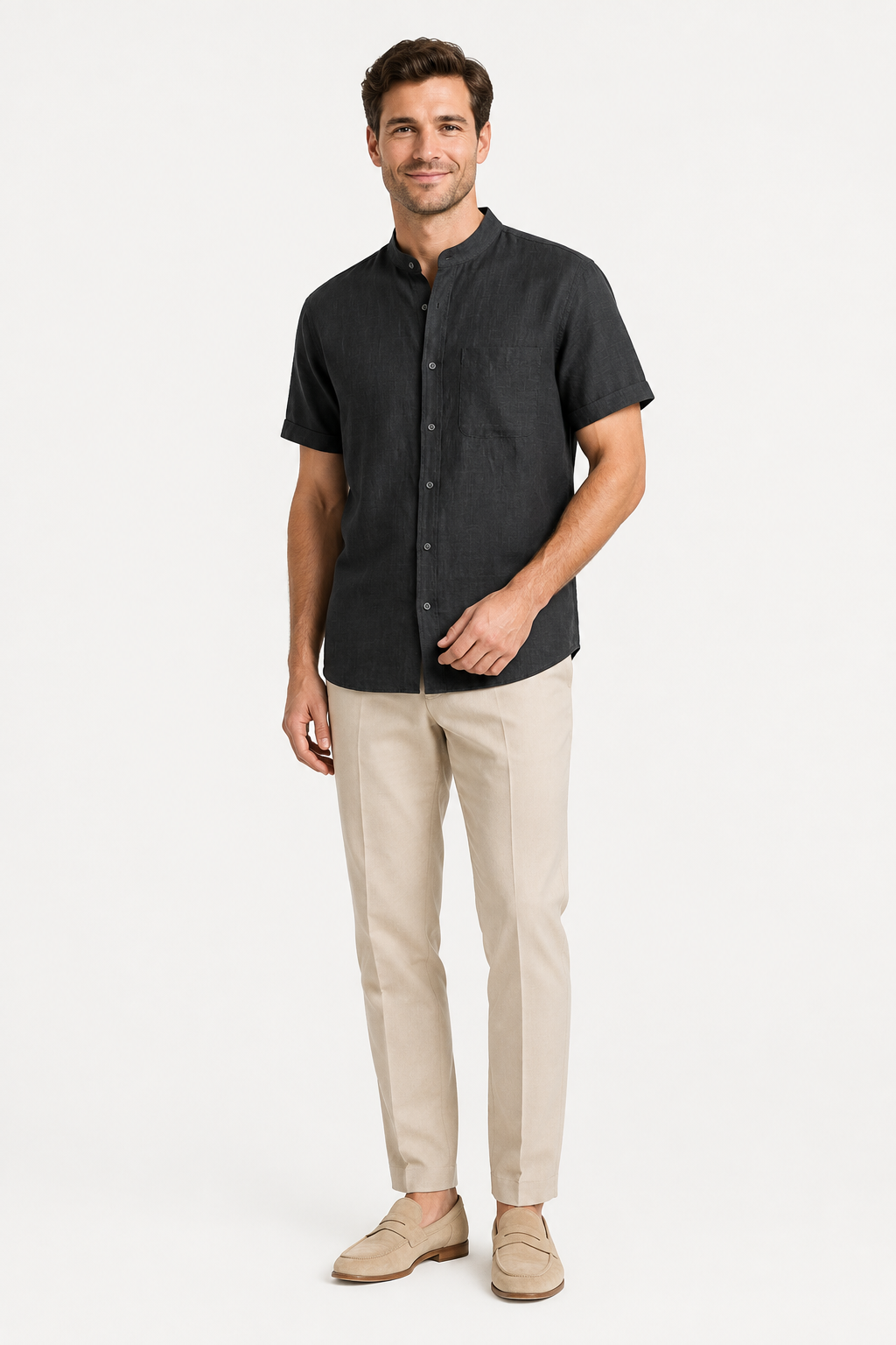 NOMU | Men’s Short Sleeve Mandarin Collar Button Shirt